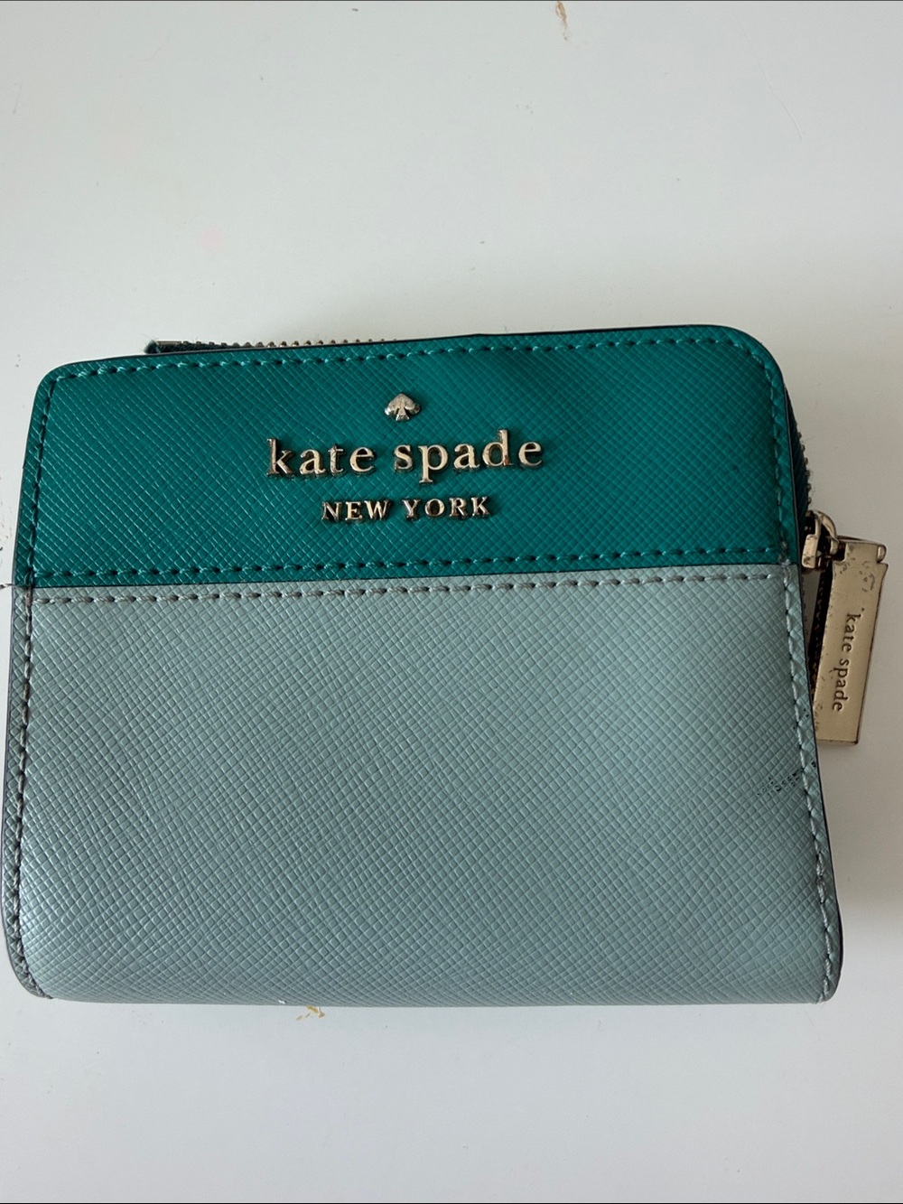 kate spade two-tone teal and light blue mini zip-around wallet